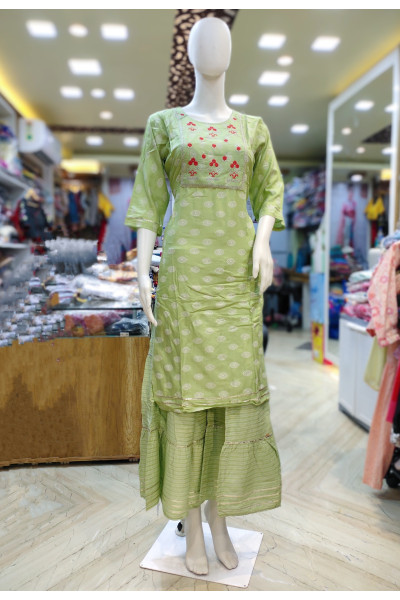 Cotton Sarara Set With Embroidery Work And Fabric Work On All Over Base (KR2267)